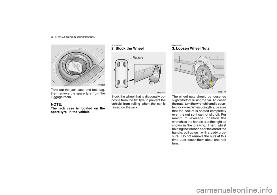 Hyundai Getz 2007 Owners Manual 3- 8 WHAT TO DO IN AN EMERGENCY
HTB149
ZD070F1-E 3. Loosen Wheel Nuts The wheel nuts should be loosened slightly before raising the car. To loosen the nuts, turn the wrench handle coun- terclockwise. Hyundai Getz 2007 Owners Manual 3- 8 WHAT TO DO IN AN EMERGENCY
HTB149
ZD070F1-E 3. Loosen Wheel Nuts The wheel nuts should be loosened slightly before raising the car. To loosen the nuts, turn the wrench handle coun- terclockwise.