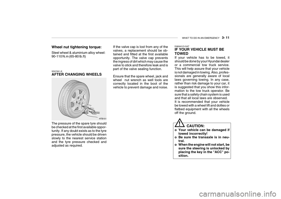 Hyundai Getz 2007 Manual Online WHAT TO DO IN AN EMERGENCY    3- 11
HTB151
SD070K1-E AFTER CHANGING WHEELS The pressure of the spare tyre should be checked at the first available oppor-tunity. If any doubt exists as to the tyre pres