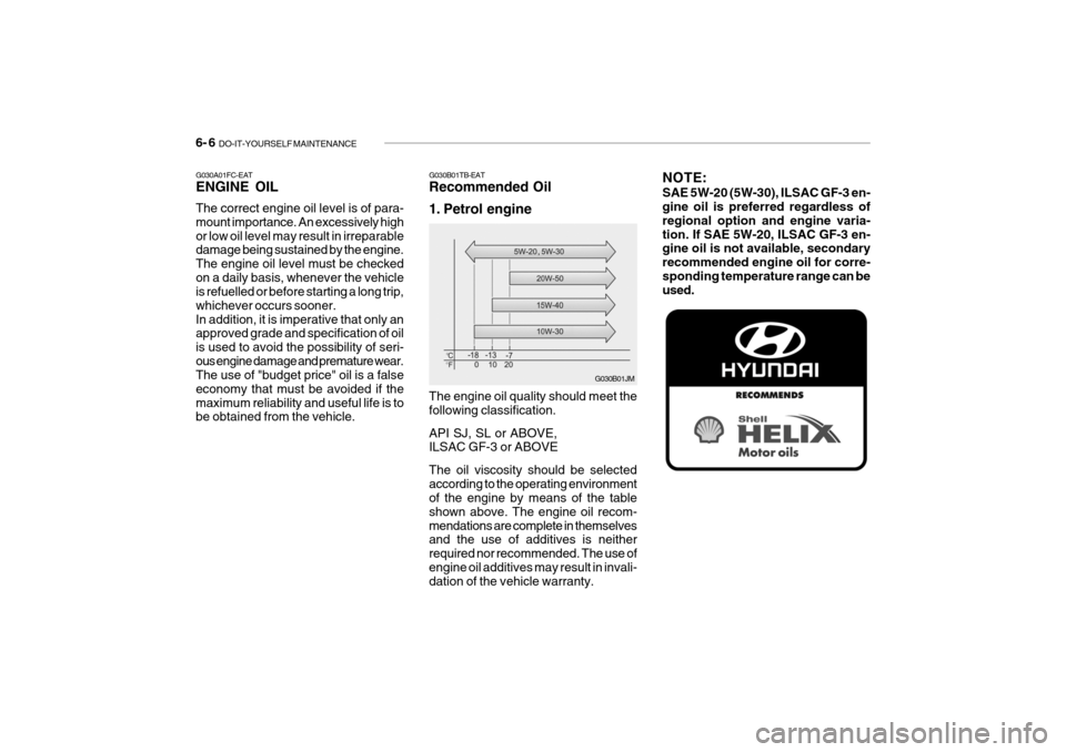 Hyundai Getz 2007 Owners Manual 6- 6 DO-IT-YOURSELF MAINTENANCE
NOTE: SAE 5W-20 (5W-30), ILSAC GF-3 en- gine oil is preferred regardless of regional option and engine varia-tion. If SAE 5W-20, ILSAC GF-3 en- gine oil is not availab Hyundai Getz 2007 Owners Manual 6- 6 DO-IT-YOURSELF MAINTENANCE
NOTE: SAE 5W-20 (5W-30), ILSAC GF-3 en- gine oil is preferred regardless of regional option and engine varia-tion. If SAE 5W-20, ILSAC GF-3 en- gine oil is not availab
