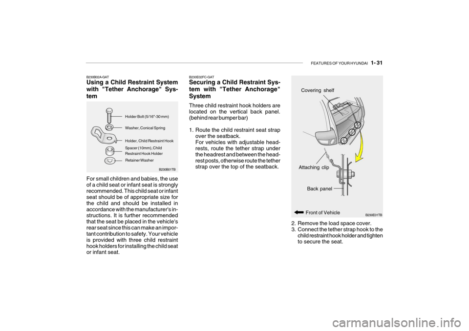 Hyundai Getz 2007 Service Manual FEATURES OF YOUR HYUNDAI 1- 31
B230E01TB
Back panel
Front of Vehicle
Attaching clip
Covering shelf
2. Remove the load space cover.
3. Connect the tether strap hook to the child restraint hook holde Hyundai Getz 2007 Service Manual FEATURES OF YOUR HYUNDAI 1- 31
B230E01TB
Back panel
Front of Vehicle
Attaching clip
Covering shelf
2. Remove the load space cover.
3. Connect the tether strap hook to the child restraint hook holde