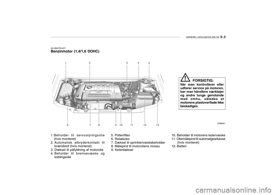 Hyundai Getz 2007 Instruktionsbog (in Danish) GENEREL VEDLIGEHOLDELSE 5- 3
G010B02TB-GCT
Benzinmotor (1,4/1,6 DOHC)
HTB5001
1.Beholder til servostyringsolie
(hvis monteret)
2. Automatisk afbryderkontakt til brændstof (hvis monteret)
3. Dæk Hyundai Getz 2007 Instruktionsbog (in Danish) GENEREL VEDLIGEHOLDELSE 5- 3
G010B02TB-GCT
Benzinmotor (1,4/1,6 DOHC)
HTB5001
1.Beholder til servostyringsolie
(hvis monteret)
2. Automatisk afbryderkontakt til brændstof (hvis monteret)
3. Dæk