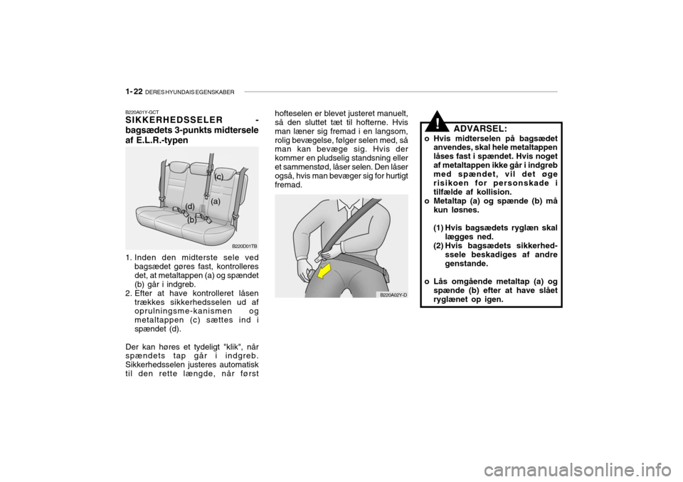 Hyundai Getz 2007 Instruktionsbog (in Danish) 1- 22 DERES HYUNDAIS EGENSKABER
!
B220D01TB
B220A02Y-D
(a)
(b) (c)
(d)
B220A01Y-GCT SIKKERHEDSSELER - bagsædets 3-punkts midterseleaf E.L.R.-typen
1. Inden den midterste sele ved
bagsædet gøres f Hyundai Getz 2007 Instruktionsbog (in Danish) 1- 22 DERES HYUNDAIS EGENSKABER
!
B220D01TB
B220A02Y-D
(a)
(b) (c)
(d)
B220A01Y-GCT SIKKERHEDSSELER - bagsædets 3-punkts midterseleaf E.L.R.-typen
1. Inden den midterste sele ved
bagsædet gøres f