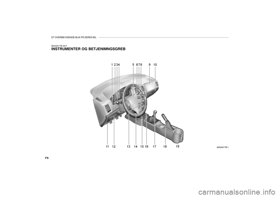 Hyundai Getz 2007  Instruktionsbog (in Danish) ET OVERBEVISENDE BLIK PÅ DERES BIL
B250A01TB-GCT INSTRUMENTER OG BETJENIMNGSGREBB250A01TB-1
F6  