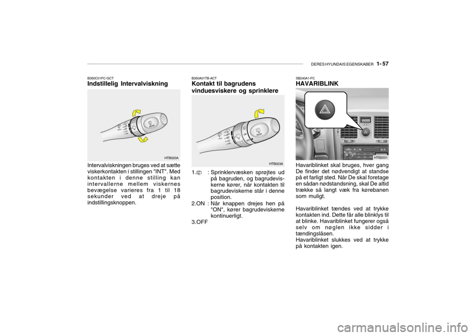 Hyundai Getz 2007 Instruktionsbog (in Danish) DERES HYUNDAIS EGENSKABER 1- 57
B350A01TB-ACT Kontakt til bagrudens vinduesviskere og sprinklere SB240A1-FC HAVARIBLINK
B350C01FC-GCTIndstillelig Intervalviskning
HTB020A
HTB023A
Intervalviskningen Hyundai Getz 2007 Instruktionsbog (in Danish) DERES HYUNDAIS EGENSKABER 1- 57
B350A01TB-ACT Kontakt til bagrudens vinduesviskere og sprinklere SB240A1-FC HAVARIBLINK
B350C01FC-GCTIndstillelig Intervalviskning
HTB020A
HTB023A
Intervalviskningen