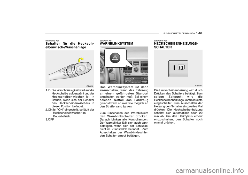 Hyundai Getz 2007  Betriebsanleitung (in German) ELGENSCHAFTEN DES HYUNDAI  1- 69
B350A01TB-AST Schalter für die Hecksch-
eibenwisch-/Waschanlage 1.    :Die Waschflüssigkeit wird auf die Heckscheibe aufgesprüht und der Heckscheibenwischer ist in
