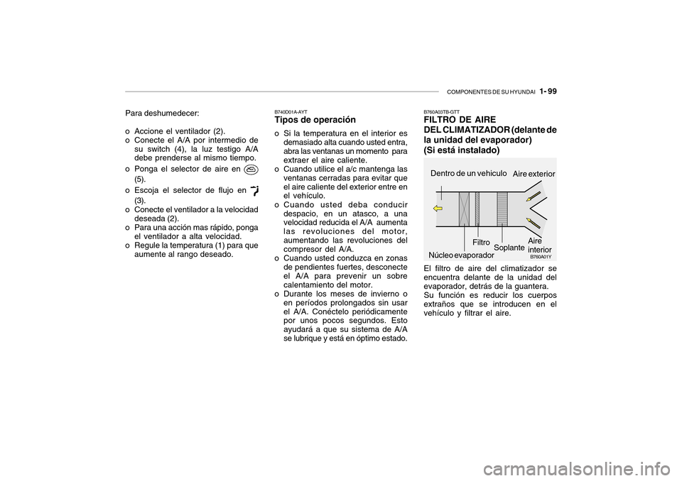 Hyundai Getz 2007 Manual del propietario (in Spanish) COMPONENTES DE SU HYUNDAI 1- 99
Para deshumedecer:
o Accione el ventilador (2).
o Conecte el A/A por intermedio de su switch (4), la luz testigo A/A debe prenderse al mismo tiempo.
o Ponga el selec Hyundai Getz 2007 Manual del propietario (in Spanish) COMPONENTES DE SU HYUNDAI 1- 99
Para deshumedecer:
o Accione el ventilador (2).
o Conecte el A/A por intermedio de su switch (4), la luz testigo A/A debe prenderse al mismo tiempo.
o Ponga el selec
