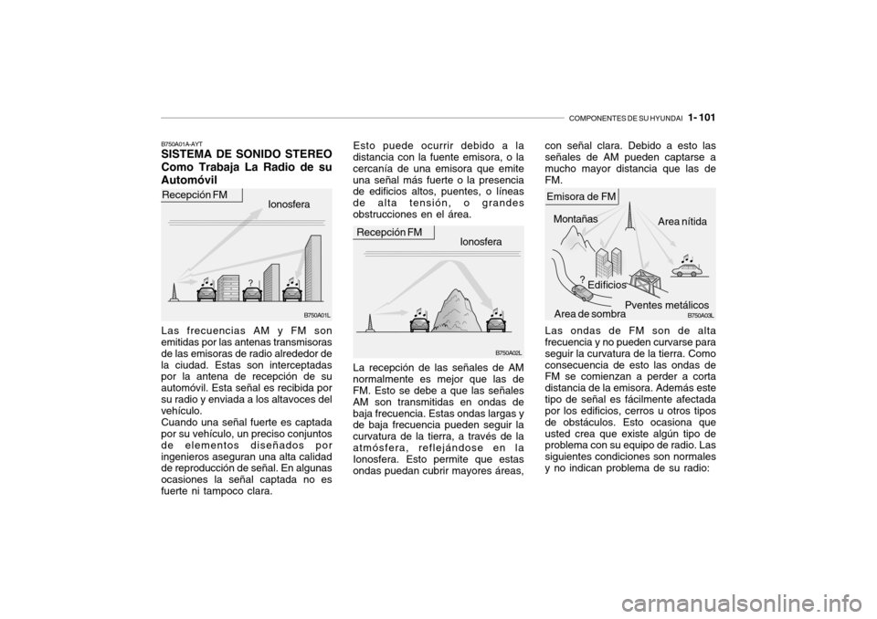 Hyundai Getz 2007 Manual del propietario (in Spanish) COMPONENTES DE SU HYUNDAI 1- 101
Esto puede ocurrir debido a la
distancia con la fuente emisora, o la cercanía de una emisora que emiteuna señal más fuerte o la presencia de edificios altos, puen Hyundai Getz 2007 Manual del propietario (in Spanish) COMPONENTES DE SU HYUNDAI 1- 101
Esto puede ocurrir debido a la
distancia con la fuente emisora, o la cercanía de una emisora que emiteuna señal más fuerte o la presencia de edificios altos, puen
