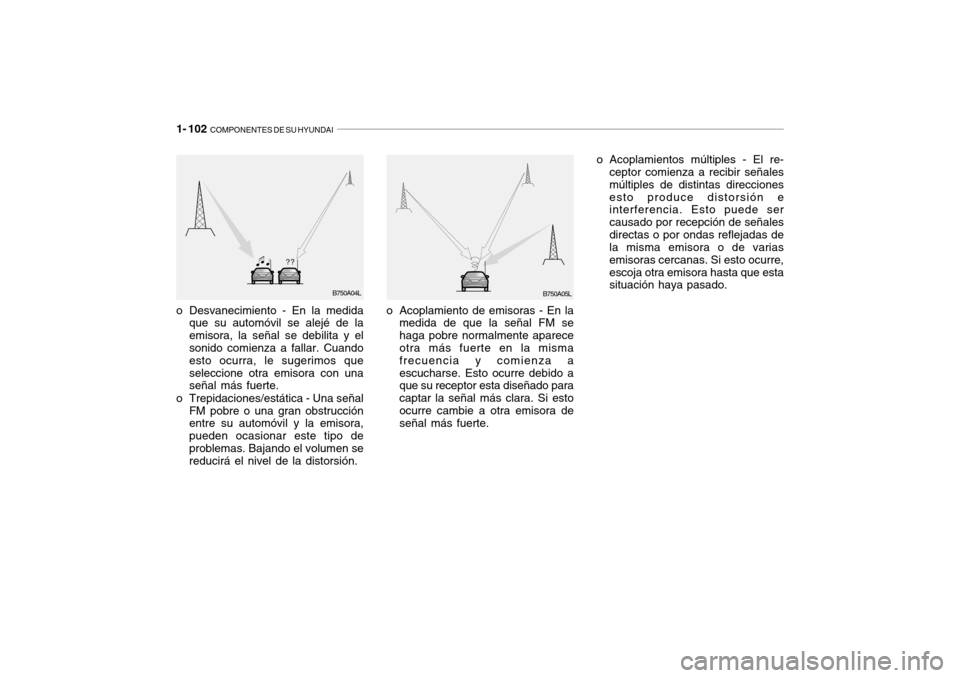 Hyundai Getz 2007 Manual del propietario (in Spanish) 1- 102 COMPONENTES DE SU HYUNDAI
o Desvanecimiento - En la medida
que su automóvil se alejé de la emisora, la señal se debilita y el sonido comienza a fallar. Cuando esto ocurra, le sugerimos ques Hyundai Getz 2007 Manual del propietario (in Spanish) 1- 102 COMPONENTES DE SU HYUNDAI
o Desvanecimiento - En la medida
que su automóvil se alejé de la emisora, la señal se debilita y el sonido comienza a fallar. Cuando esto ocurra, le sugerimos ques