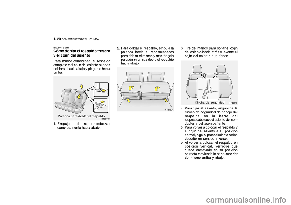 Hyundai Getz 2007  Manual del propietario (in Spanish) 1- 20  COMPONENTES DE SU HYUNDAI
HTB031Cincha de seguridad
3. Tire del mango para soltar el cojín
del asiento hacia atrás y levante el cojín del asiento que desee.
4. Para fijar el asiento, enganch