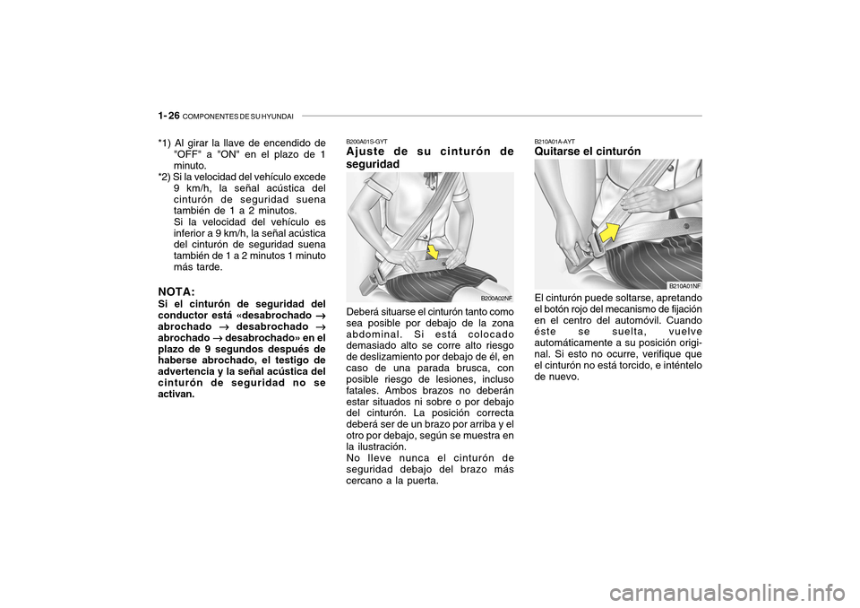 Hyundai Getz 2007 Manual del propietario (in Spanish) 1- 26 COMPONENTES DE SU HYUNDAI
B210A01A-AYT Quitarse el cinturón El cinturón puede soltarse, apretando
el botón rojo del mecanismo de fijación en el centro del automóvil. Cuando éste se suelta Hyundai Getz 2007 Manual del propietario (in Spanish) 1- 26 COMPONENTES DE SU HYUNDAI
B210A01A-AYT Quitarse el cinturón El cinturón puede soltarse, apretando
el botón rojo del mecanismo de fijación en el centro del automóvil. Cuando éste se suelta