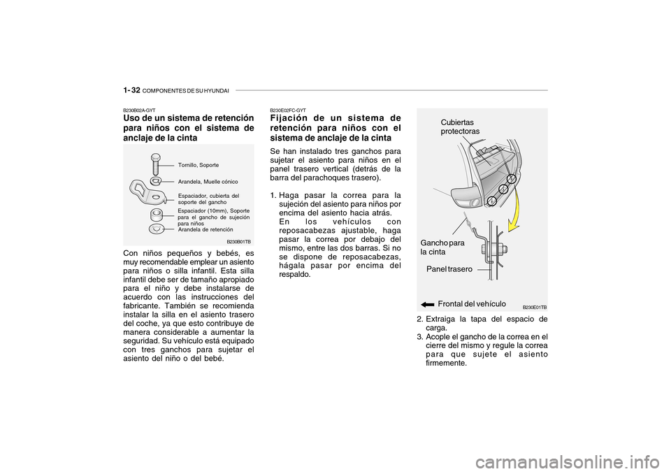 Hyundai Getz 2007  Manual del propietario (in Spanish) 1- 32  COMPONENTES DE SU HYUNDAI
2. Extraiga la tapa del espacio de
carga.
3. Acople el gancho de la correa en el cierre del mismo y regule la correa para que sujete el asientofirmemente. B230E01TB
Cu