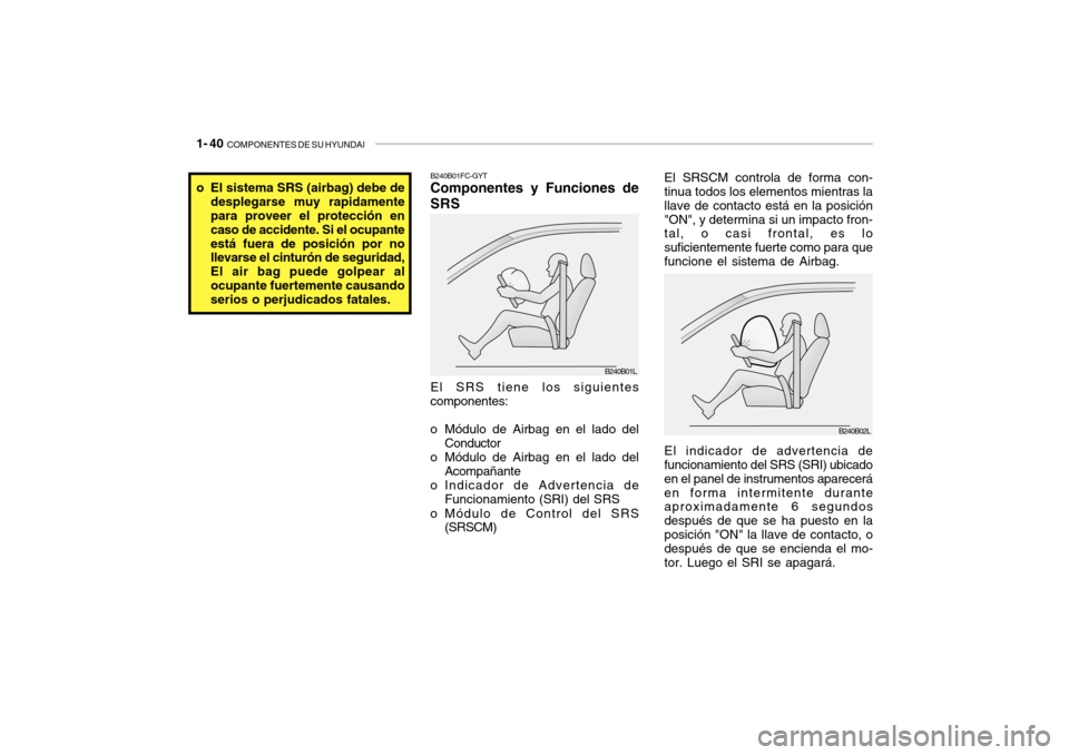 Hyundai Getz 2007  Manual del propietario (in Spanish) 1- 40  COMPONENTES DE SU HYUNDAI
El indicador de advertencia de funcionamiento del SRS (SRI) ubicado en el panel de instrumentos apareceráen forma intermitente durante aproximadamente 6 segundos desp