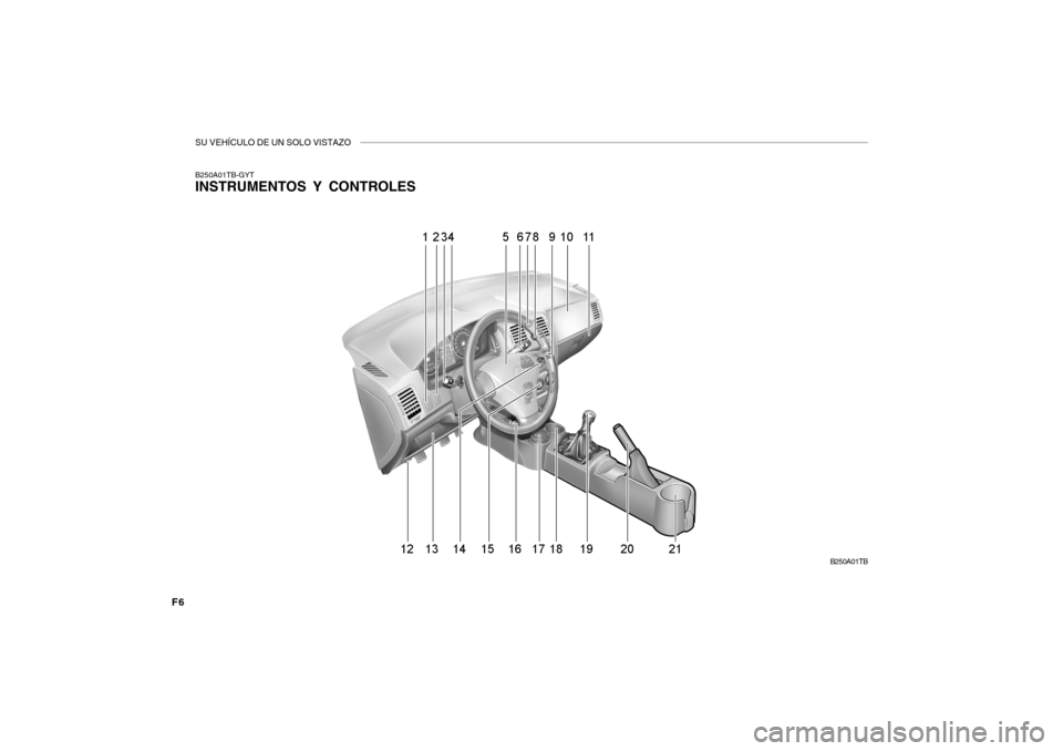 Hyundai Getz 2007  Manual del propietario (in Spanish) SU VEHÍCULO DE UN SOLO VISTAZO
F6
B250A01TB-GYT INSTRUMENTOS Y CONTROLESB250A01TB  