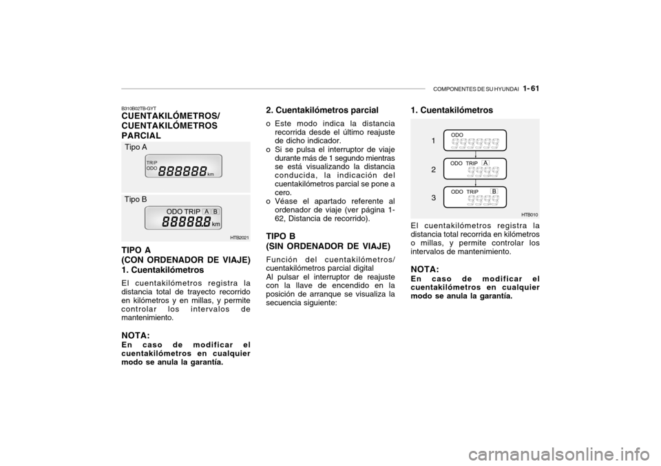 Hyundai Getz 2007 Manual del propietario (in Spanish) COMPONENTES DE SU HYUNDAI 1- 61
B310B02TB-GYT CUENTAKILÓMETROS/ CUENTAKILÓMETROSPARCIAL TIPO A (CON ORDENADOR DE VIAJE)1. Cuentakilómetros El cuentakilómetros registra la
distancia total de tray Hyundai Getz 2007 Manual del propietario (in Spanish) COMPONENTES DE SU HYUNDAI 1- 61
B310B02TB-GYT CUENTAKILÓMETROS/ CUENTAKILÓMETROSPARCIAL TIPO A (CON ORDENADOR DE VIAJE)1. Cuentakilómetros El cuentakilómetros registra la
distancia total de tray