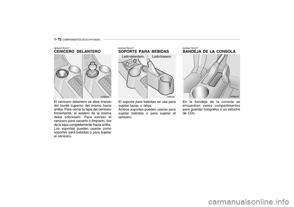 Hyundai Getz 2007  Manual del propietario (in Spanish) 1- 72  COMPONENTES DE SU HYUNDAI
HTB105 HTB2037
B450A01TB-GYT SOPORTE PARA BEBIDAS El soporte para bebidas se usa para sujetar tazas o latas.Ambos soportes pueden usarse parasujetar bebidas o para suj