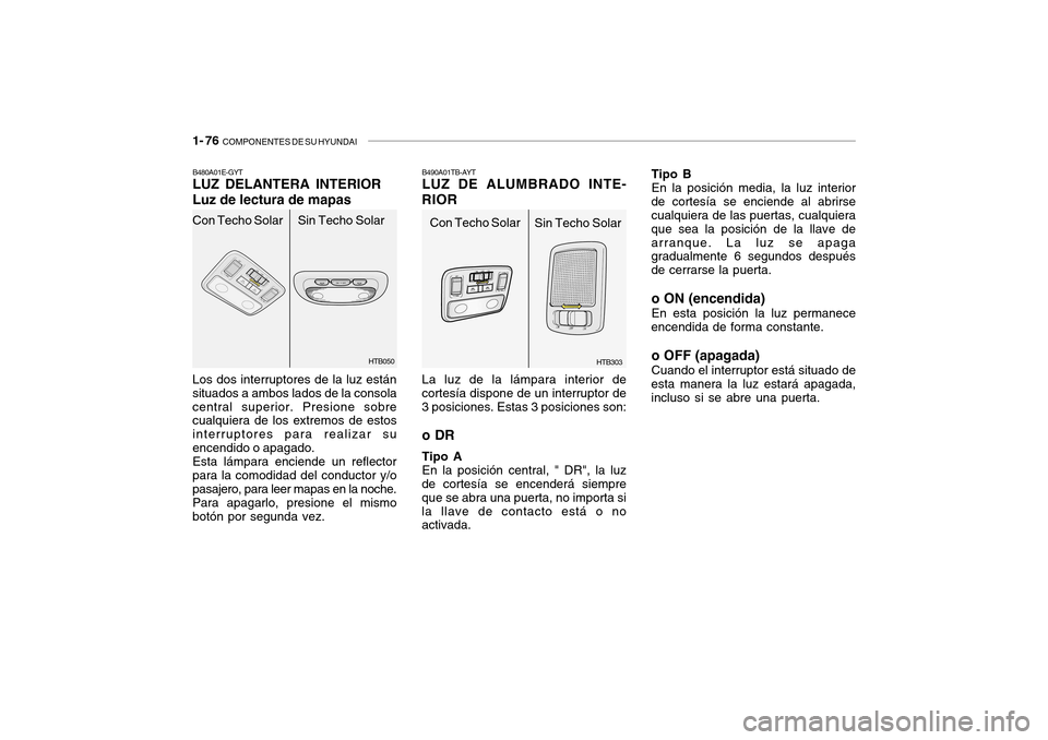 Hyundai Getz 2007  Manual del propietario (in Spanish) 1- 76  COMPONENTES DE SU HYUNDAI
HTB303
Con Techo Solar
Sin Techo Solar
B490A01TB-AYT LUZ DE ALUMBRADO INTE-
RIOR
La luz de la lámpara interior de
cortesía dispone de un interruptor de 3 posiciones.