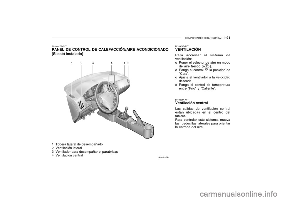 Hyundai Getz 2007 Manual del propietario (in Spanish) COMPONENTES DE SU HYUNDAI 1- 91
B710A01TB
1. Tobera lateral de desempañado
2. Ventilación lateral
3. Ventilador para desempañar el parabrisas
4. Ventilación central
B710A01TB-GYT PANEL DE CON Hyundai Getz 2007 Manual del propietario (in Spanish) COMPONENTES DE SU HYUNDAI 1- 91
B710A01TB
1. Tobera lateral de desempañado
2. Ventilación lateral
3. Ventilador para desempañar el parabrisas
4. Ventilación central
B710A01TB-GYT PANEL DE CON