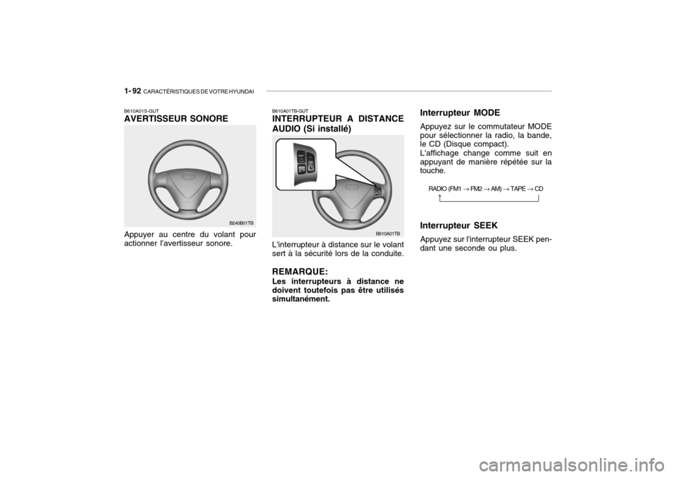 Hyundai Getz 2007 Manuel du propriétaire (in French) 1- 92 CARACTÉRISTIQUES DE VOTRE HYUNDAI
B610A01S-GUT AVERTISSEUR SONORE
B240B01TB
Appuyer au centre du volant pouractionner lavertisseur sonore.
B610A01TB
B610A01TB-GUT INTERRUPTEUR A DISTANCE AUDI Hyundai Getz 2007 Manuel du propriétaire (in French) 1- 92 CARACTÉRISTIQUES DE VOTRE HYUNDAI
B610A01S-GUT AVERTISSEUR SONORE
B240B01TB
Appuyer au centre du volant pouractionner lavertisseur sonore.
B610A01TB
B610A01TB-GUT INTERRUPTEUR A DISTANCE AUDI