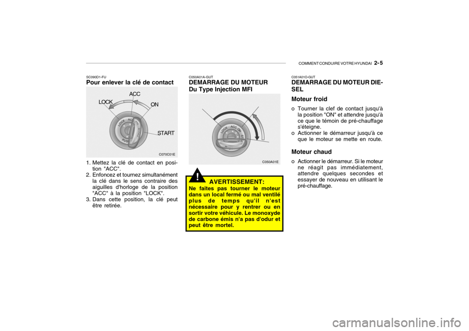 Hyundai Getz 2007  Manuel du propriétaire (in French) COMMENT CONDUIRE VOTRE HYUNDAI   2- 5
!
C070C01E
LOCK
ACC
ON
START
1. Mettez la clé de contact en posi- tion "ACC".
2. Enfoncez et tournez simultanément
la clé dans le sens contraire des aiguilles 