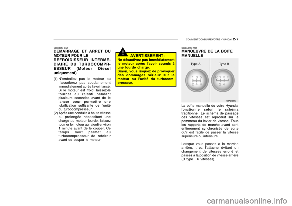 Hyundai Getz 2007  Manuel du propriétaire (in French) COMMENT CONDUIRE VOTRE HYUNDAI   2- 7
!
C055B01B-GUT DEMARRAGE ET ARRET DU
MOTEUR POUR LE
REFROIDISSEUR INTERME-
DIAIRE DU TURBOCOMPR- ESSEUR (Moteur Dieseluniquement) 
(1) Nemballez pas le moteur ou