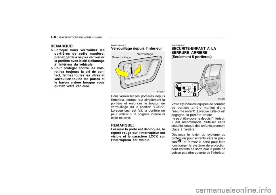Hyundai Getz 2007 Manuel du propriétaire (in French) 1- 8 CARACTÉRISTIQUES DE VOTRE HYUNDAI
B040D01FC-GUT Verrouillage depuis lintérieur Pour verrouiller les portières depuis
lintérieur, fermez tout simplement la portière et enfoncez le bouton d Hyundai Getz 2007 Manuel du propriétaire (in French) 1- 8 CARACTÉRISTIQUES DE VOTRE HYUNDAI
B040D01FC-GUT Verrouillage depuis lintérieur Pour verrouiller les portières depuis
lintérieur, fermez tout simplement la portière et enfoncez le bouton d