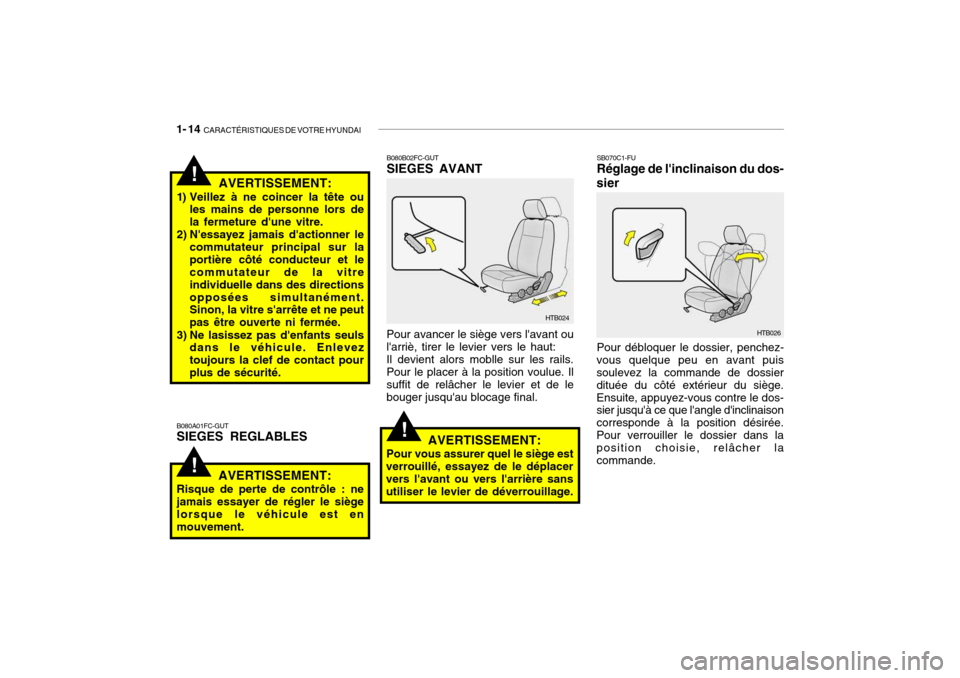 Hyundai Getz 2007  Manuel du propriétaire (in French) 1- 14  CARACTÉRISTIQUES DE VOTRE HYUNDAI
SB070C1-FU Réglage de linclinaison du dos-
sier
Pour débloquer le dossier, penchez-
vous quelque peu en avant puissoulevez la commande de dossier dituée d