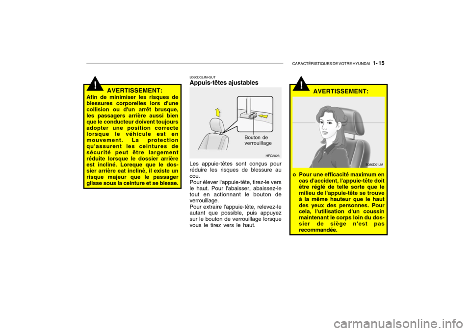 Hyundai Getz 2007  Manuel du propriétaire (in French) CARACTÉRISTIQUES DE VOTRE HYUNDAI   1- 15
!AVERTISSEMENT:
Afin de minimiser les risques de blessures corporelles lors dunecollision ou dun arrêt brusque, les passagers arrière aussi bien que le c