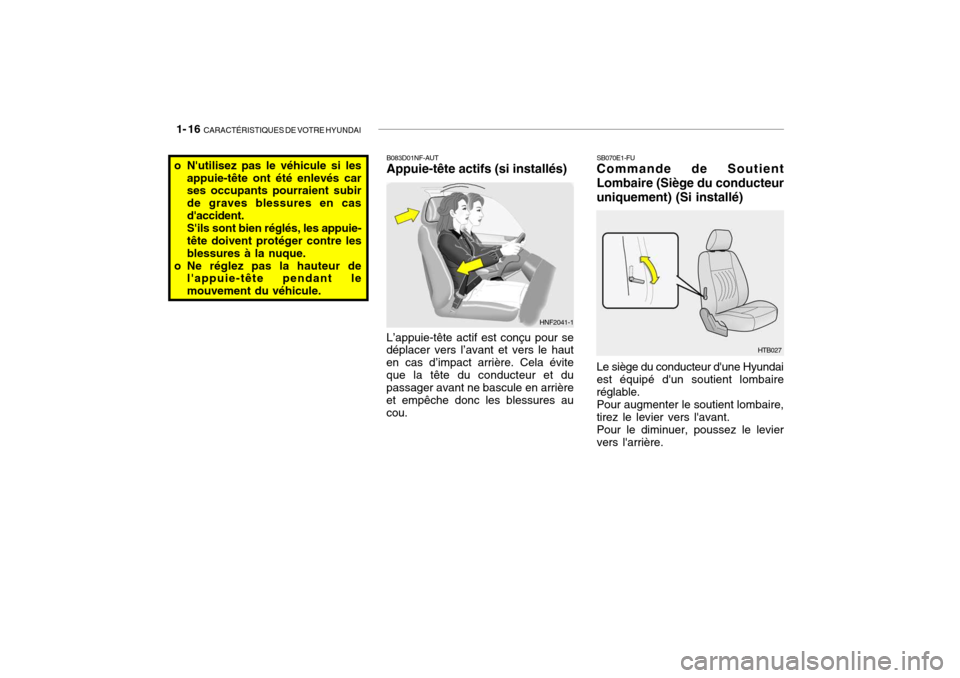 Hyundai Getz 2007  Manuel du propriétaire (in French) 1- 16  CARACTÉRISTIQUES DE VOTRE HYUNDAI
SB070E1-FU Commande de Soutient Lombaire (Siège du conducteuruniquement) (Si installé) Le siège du conducteur dune Hyundai est équipé dun soutient lomb