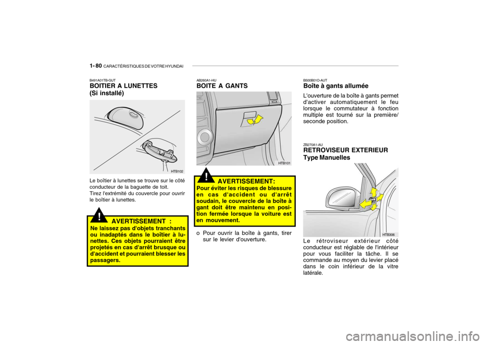 Hyundai Getz 2007  Manuel du propriétaire (in French) 1- 80  CARACTÉRISTIQUES DE VOTRE HYUNDAI
!
!
AB260A1-HU BOITE A GANTS
AVERTISSEMENT:
Pour éviter les risques de blessure
en cas daccident ou darrêt soudain, le couvercle de la boîte à gant doit