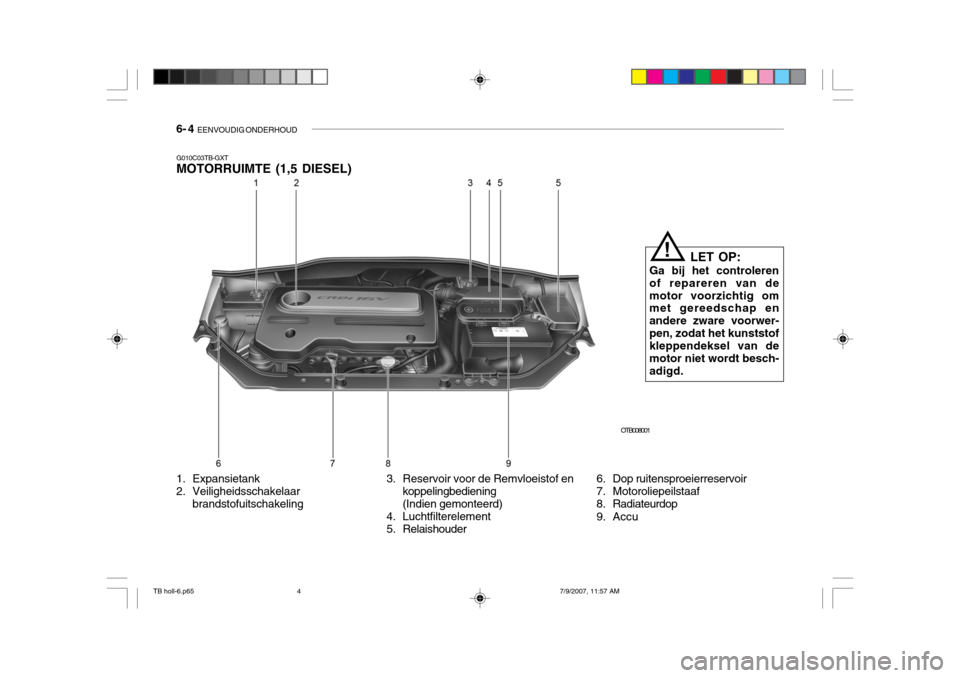 Hyundai Getz 2007  Handleiding (in Dutch) 6- 4  EENVOUDIG ONDERHOUD
OTB008001
LET OP:
Ga bij het controleren of repareren van demotor voorzichtig om met gereedschap en andere zware voorwer-pen, zodat het kunststof kleppendeksel van de motor n