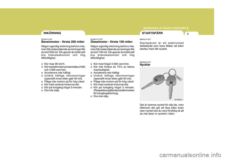 Hyundai Getz 2007  Ägarmanual (in Swedish) 1
BESKRIVNING AV BILENS FUNKTIONER
3STARTSPÄRR
B020B01FC-GDT Dieselmotor - första 100 milen Någon egentlig inkörning behövs inte, men följ nedanstående anvisningar tillsdu kört 100 mil. Då up