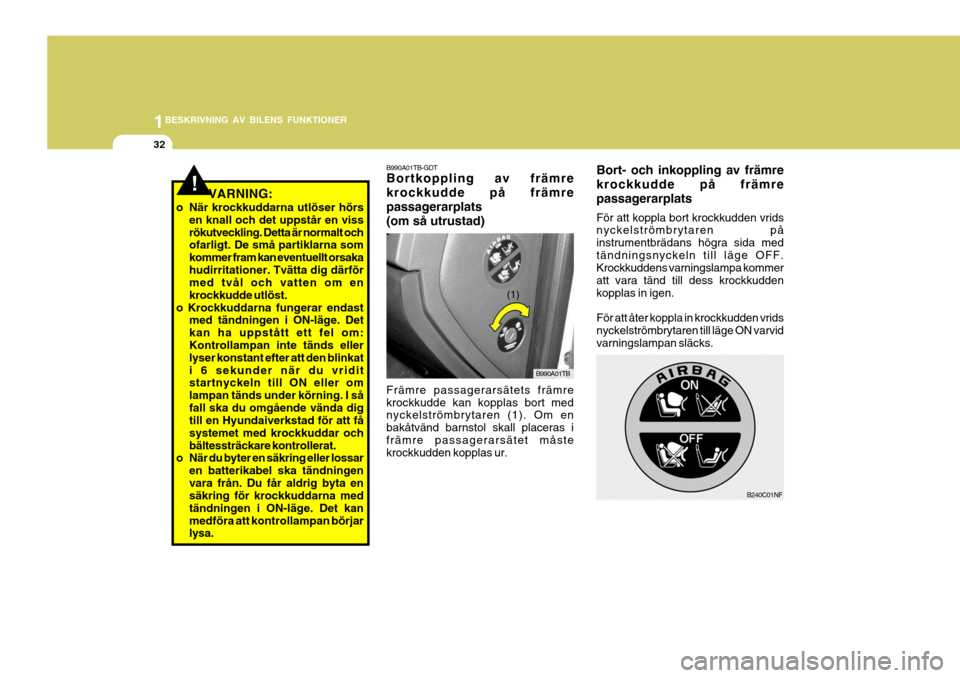 Hyundai Getz 2007 Ägarmanual (in Swedish) 1BESKRIVNING AV BILENS FUNKTIONER
32
B990A01TB-GDT Bortkoppling av främre krockkudde på främrepassagerarplats(om så utrustad) Främre passagerarsätets främre krockkudde kan kopplas bort med nyck Hyundai Getz 2007 Ägarmanual (in Swedish) 1BESKRIVNING AV BILENS FUNKTIONER
32
B990A01TB-GDT Bortkoppling av främre krockkudde på främrepassagerarplats(om så utrustad) Främre passagerarsätets främre krockkudde kan kopplas bort med nyck