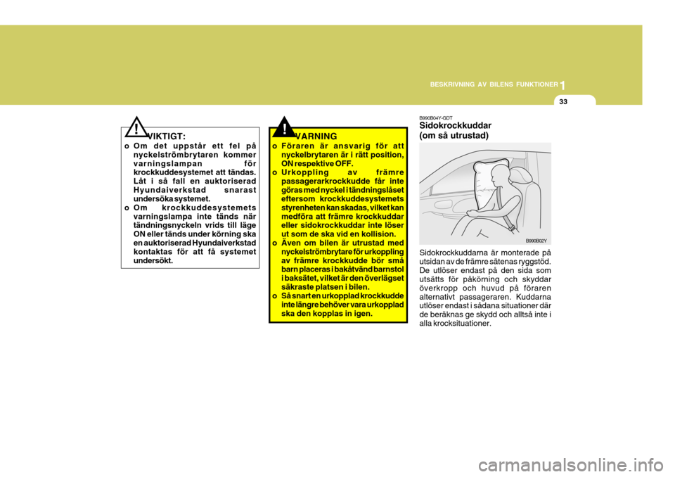 Hyundai Getz 2007  Ägarmanual (in Swedish) 1
BESKRIVNING AV BILENS FUNKTIONER
33
!
B990B04Y-GDT Sidokrockkuddar (om så utrustad) Sidokrockkuddarna är monterade på utsidan av de främre sätenas ryggstöd.De utlöser endast på den sida som 