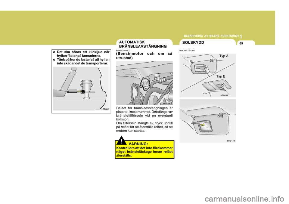 Hyundai Getz 2007 Ägarmanual (in Swedish) 1
BESKRIVNING AV BILENS FUNKTIONER
69
1
BESKRIVNING AV BILENS FUNKTIONER
69
1
BESKRIVNING AV BILENS FUNKTIONER
69SOLSKYDD
HTB098
B580A01TB-GDT
HTB148
Typ A
Typ B
HTB302
o Det ska höras ett klickljud Hyundai Getz 2007 Ägarmanual (in Swedish) 1
BESKRIVNING AV BILENS FUNKTIONER
69
1
BESKRIVNING AV BILENS FUNKTIONER
69
1
BESKRIVNING AV BILENS FUNKTIONER
69SOLSKYDD
HTB098
B580A01TB-GDT
HTB148
Typ A
Typ B
HTB302
o Det ska höras ett klickljud