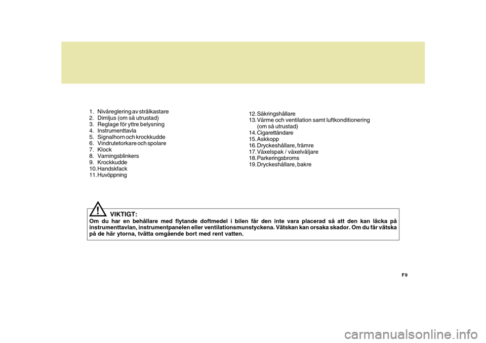 Hyundai Getz 2007  Ägarmanual (in Swedish) F9
1. Nivåreglering av strålkastare 
2. Dimljus (om så utrustad) 
3. Reglage för yttre belysning 
4. Instrumenttavla
5. Signalhorn och krockkudde 
6. Vindrutetorkare och spolare 
7. Klock
8. Varni