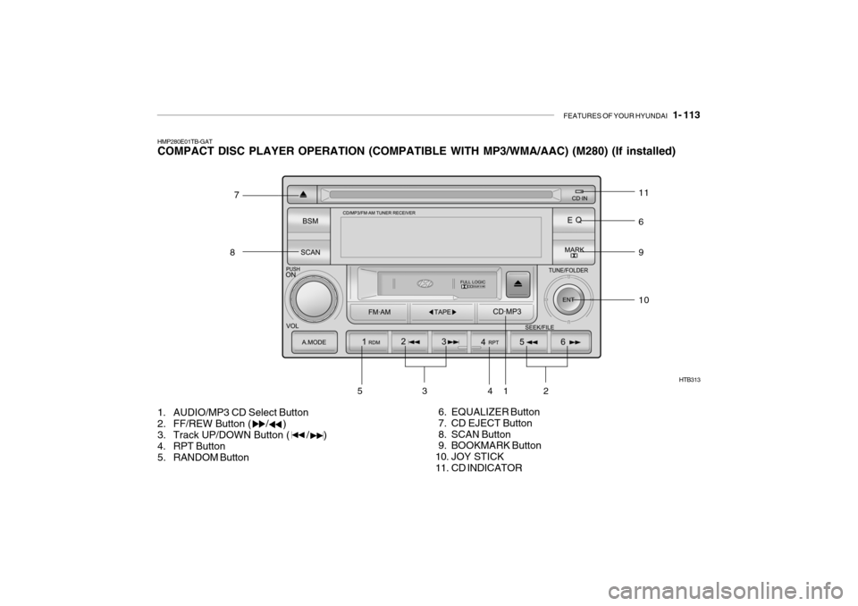 Hyundai Getz 2006 Owners Manual FEATURES OF YOUR HYUNDAI 1- 113
HMP280E01TB-GAT COMPACT DISC PLAYER OPERATION (COMPATIBLE WITH MP3/WMA/AAC) (M280) (If installed)
1. AUDIO/MP3 CD Select Button
2. FF/REW Button ( / )
3. T Hyundai Getz 2006 Owners Manual FEATURES OF YOUR HYUNDAI 1- 113
HMP280E01TB-GAT COMPACT DISC PLAYER OPERATION (COMPATIBLE WITH MP3/WMA/AAC) (M280) (If installed)
1. AUDIO/MP3 CD Select Button
2. FF/REW Button ( / )
3. T