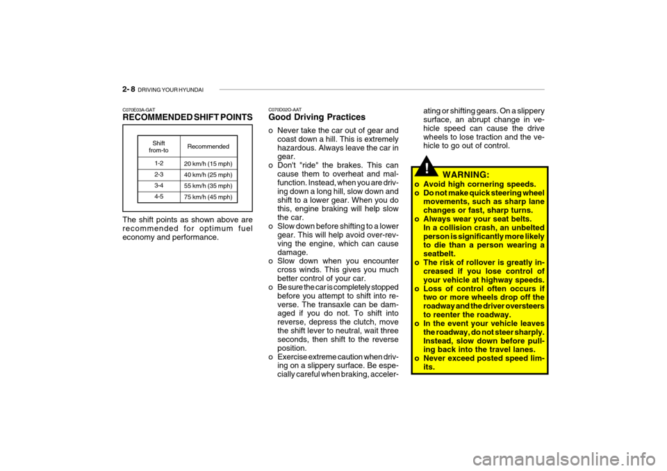 Hyundai Getz 2006 Owners Manual 2- 8 DRIVING YOUR HYUNDAI
ating or shifting gears. On a slippery surface, an abrupt change in ve- hicle speed can cause the drivewheels to lose traction and the ve- hicle to go out of control.
!
C070 Hyundai Getz 2006 Owners Manual 2- 8 DRIVING YOUR HYUNDAI
ating or shifting gears. On a slippery surface, an abrupt change in ve- hicle speed can cause the drivewheels to lose traction and the ve- hicle to go out of control.
!
C070
