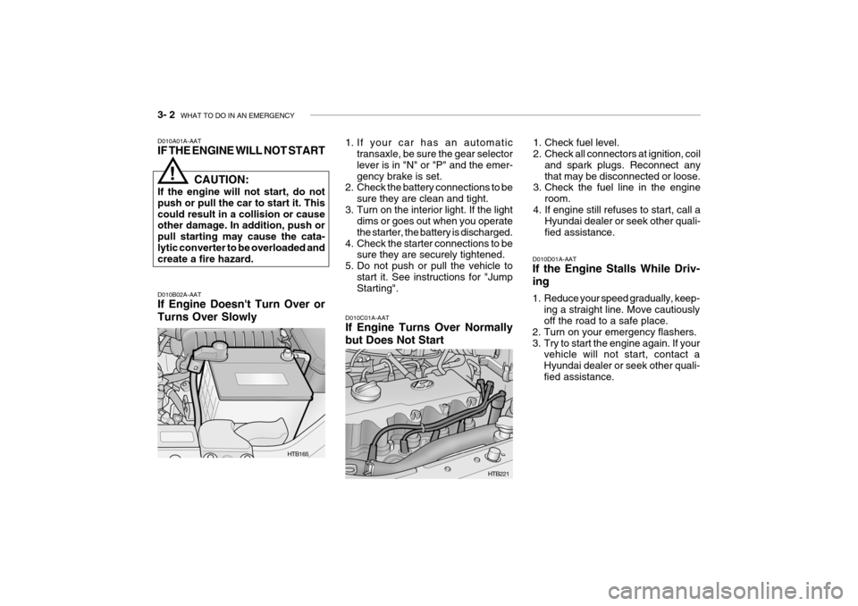 Hyundai Getz 2006 Owners Guide 3- 2 WHAT TO DO IN AN EMERGENCY
HTB165
D010B02A-AAT If Engine Doesnt Turn Over or Turns Over Slowly 1. If your car has an automatic
transaxle, be sure the gear selector lever is in "N" or "P" and th Hyundai Getz 2006 Owners Guide 3- 2 WHAT TO DO IN AN EMERGENCY
HTB165
D010B02A-AAT If Engine Doesnt Turn Over or Turns Over Slowly 1. If your car has an automatic
transaxle, be sure the gear selector lever is in "N" or "P" and th