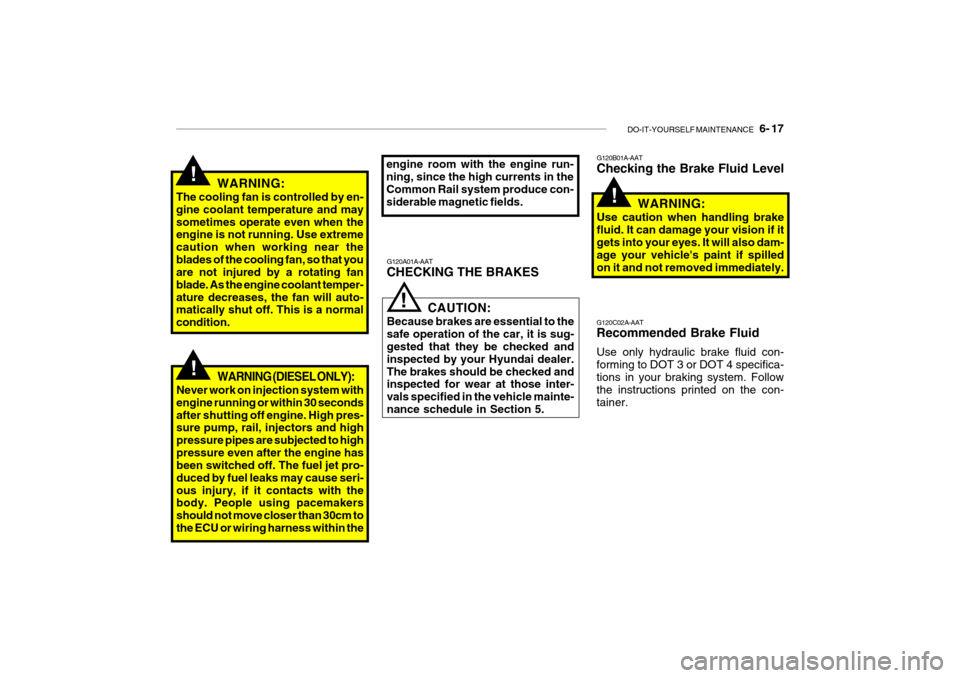 Hyundai Getz 2006  Owners Manual DO-IT-YOURSELF MAINTENANCE    6- 17
WARNING:
The cooling fan is controlled by en- gine coolant temperature and maysometimes operate even when the engine is not running. Use extreme caution when workin