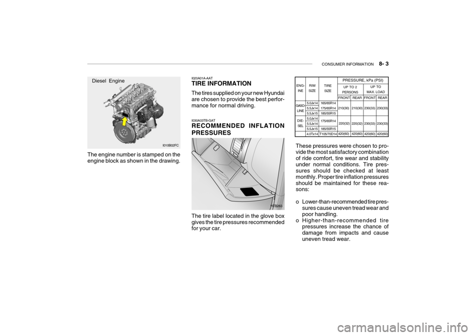 Hyundai Getz 2006 Service Manual CONSUMER INFORMATION 8- 3
The engine number is stamped on the engine block as shown in the drawing. I020A01A-AAT TIRE INFORMATION The tires supplied on your new Hyundai are chosen to provide the be Hyundai Getz 2006 Service Manual CONSUMER INFORMATION 8- 3
The engine number is stamped on the engine block as shown in the drawing. I020A01A-AAT TIRE INFORMATION The tires supplied on your new Hyundai are chosen to provide the be