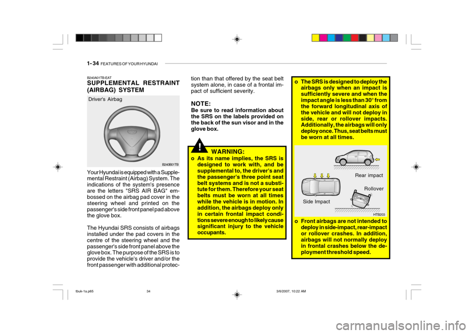 Hyundai Getz 2006 Owners Manual 1- 34 FEATURES OF YOUR HYUNDAI
HTB203
Rear impact
Side Impact Rollover
o The SRS is designed to deploy the
airbags only when an impact is sufficiently severe and when theimpact angle is less than 30Â Hyundai Getz 2006 Owners Manual 1- 34 FEATURES OF YOUR HYUNDAI
HTB203
Rear impact
Side Impact Rollover
o The SRS is designed to deploy the
airbags only when an impact is sufficiently severe and when theimpact angle is less than 30Â