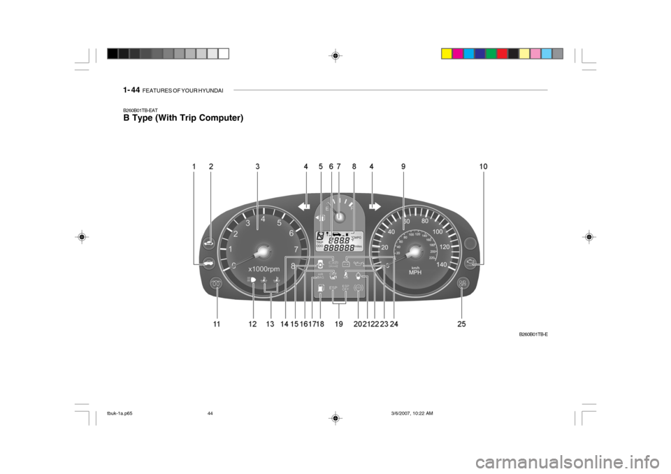 Hyundai Getz 2006 Owners Manual 1- 44 FEATURES OF YOUR HYUNDAI
B260B01TB-EAT B Type (With Trip Computer)
B260B01TB-E
tbuk-1a.p65 3/6/2007, 10:22 AM
44 Hyundai Getz 2006 Owners Manual 1- 44 FEATURES OF YOUR HYUNDAI
B260B01TB-EAT B Type (With Trip Computer)
B260B01TB-E
tbuk-1a.p65 3/6/2007, 10:22 AM
44