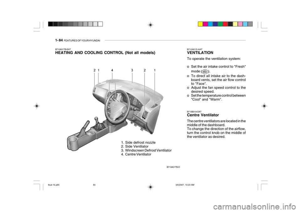 Hyundai Getz 2006 Owners Manual 1- 84 FEATURES OF YOUR HYUNDAI
B710A01TB-EAT
HEATING AND COOLING CONTROL (Not all models)
1. Side defrost nozzle
2. Side Ventilator
3. Windscreen Defrost Ventilator
4. Centre Ventilator B710A01S-A Hyundai Getz 2006 Owners Manual 1- 84 FEATURES OF YOUR HYUNDAI
B710A01TB-EAT
HEATING AND COOLING CONTROL (Not all models)
1. Side defrost nozzle
2. Side Ventilator
3. Windscreen Defrost Ventilator
4. Centre Ventilator B710A01S-A