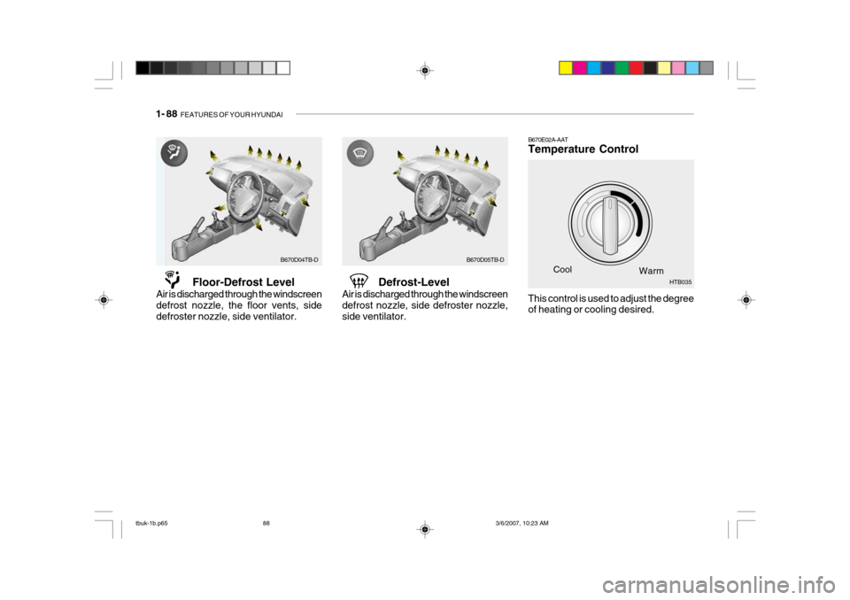 Hyundai Getz 2006 Owners Manual 1- 88 FEATURES OF YOUR HYUNDAI
B670E02A-AAT Temperature Control
Cool Warm
Floor-Defrost Level
Air is discharged through the windscreen defrost nozzle, the floor vents, sidedefroster nozzle, side vent Hyundai Getz 2006 Owners Manual 1- 88 FEATURES OF YOUR HYUNDAI
B670E02A-AAT Temperature Control
Cool Warm
Floor-Defrost Level
Air is discharged through the windscreen defrost nozzle, the floor vents, sidedefroster nozzle, side vent