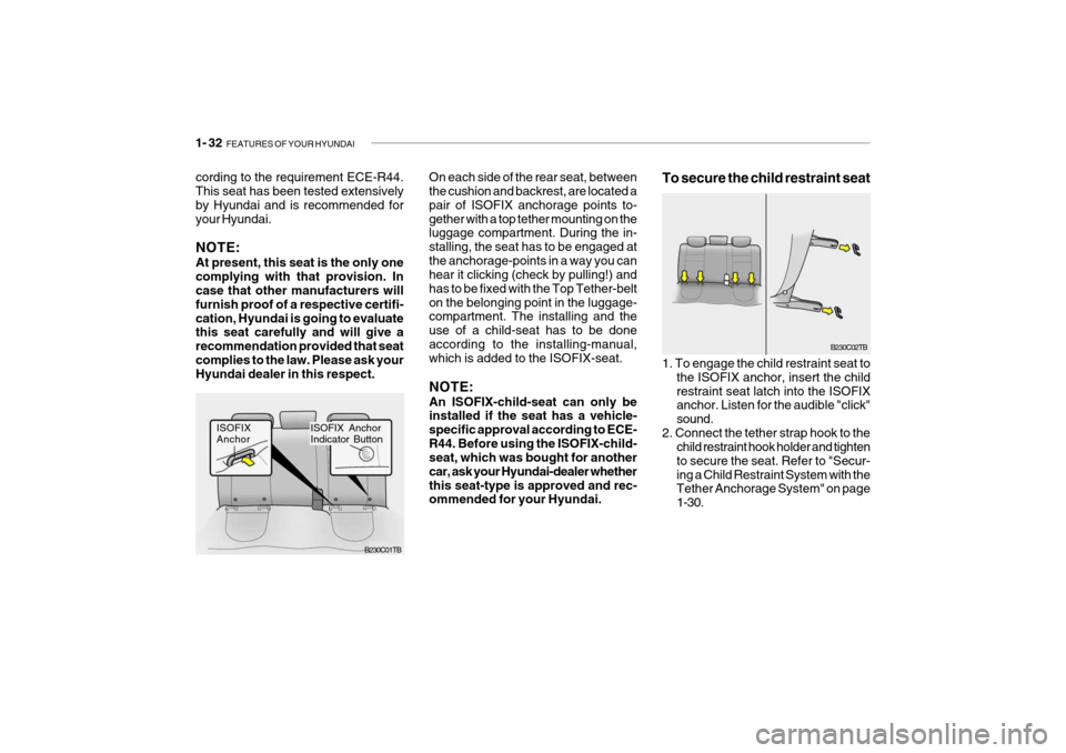 Hyundai Getz 2006 Service Manual 1- 32  FEATURES OF YOUR HYUNDAI
On each side of the rear seat, between the cushion and backrest, are located a pair of ISOFIX anchorage points to-gether with a top tether mounting on the luggage compa