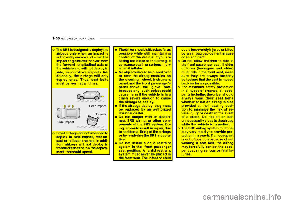 Hyundai Getz 2006  Owners Manual 1- 38  FEATURES OF YOUR HYUNDAI
could be severely injured or killed by  an airbag deployment in case of an accident.
o Do not allow children to ride in the front passenger seat. If olderchildren (teen