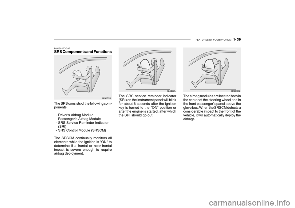 Hyundai Getz 2006 Owners Manual FEATURES OF YOUR HYUNDAI 1- 39
The SRS consists of the following com- ponents:
- Drivers Airbag Module
- Passengers Airbag Module
- SRS Service Reminder Indicator (SRI)
- SRS Control Module (SRSC Hyundai Getz 2006 Owners Manual FEATURES OF YOUR HYUNDAI 1- 39
The SRS consists of the following com- ponents:
- Drivers Airbag Module
- Passengers Airbag Module
- SRS Service Reminder Indicator (SRI)
- SRS Control Module (SRSC