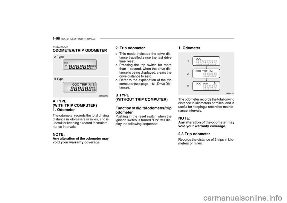 Hyundai Getz 2006 Manual PDF 1- 58 FEATURES OF YOUR HYUNDAI
1. Odometer
HTB010
1 2 3
The odometer records the total driving distance in kilometers or miles, and is useful for keeping a record for mainte-nance intervals. NOTE: An Hyundai Getz 2006 Manual PDF 1- 58 FEATURES OF YOUR HYUNDAI
1. Odometer
HTB010
1 2 3
The odometer records the total driving distance in kilometers or miles, and is useful for keeping a record for mainte-nance intervals. NOTE: An