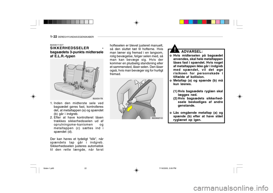 Hyundai Getz 2006  Instruktionsbog (in Danish) 1- 22  DERES HYUNDAIS EGENSKABER
!
B220D01TB
B220A02Y-D
(a)
(b) (c)
(d)
B220A01Y-GCT SIKKERHEDSSELER - bagsædets 3-punkts midterseleaf E.L.R.-typen 
1. Inden den midterste sele ved
bagsædet gøres f