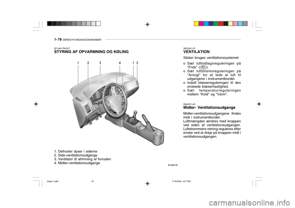 Hyundai Getz 2006  Instruktionsbog (in Danish) 1- 78  DERES HYUNDAIS EGENSKABER
B710A01TB-GCT STYRING AF OPVARMNING OG KØLING SB720G1-FCVENTILATION Sådan bruges ventilationssystemet:
o Sæt luftindtagsreguleringen på "Frisk" (     ).
o Sæt luf